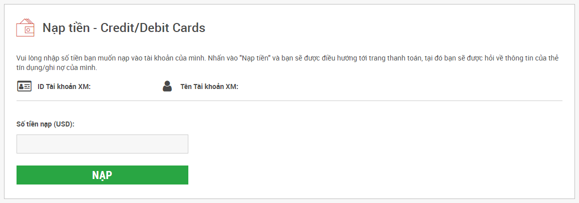 Nạp tiền XM Việt Nam qua thẻ tín dụng
