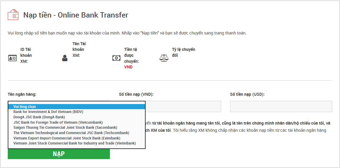 Nạp tiền XM Việt Nam qua ngân hàng