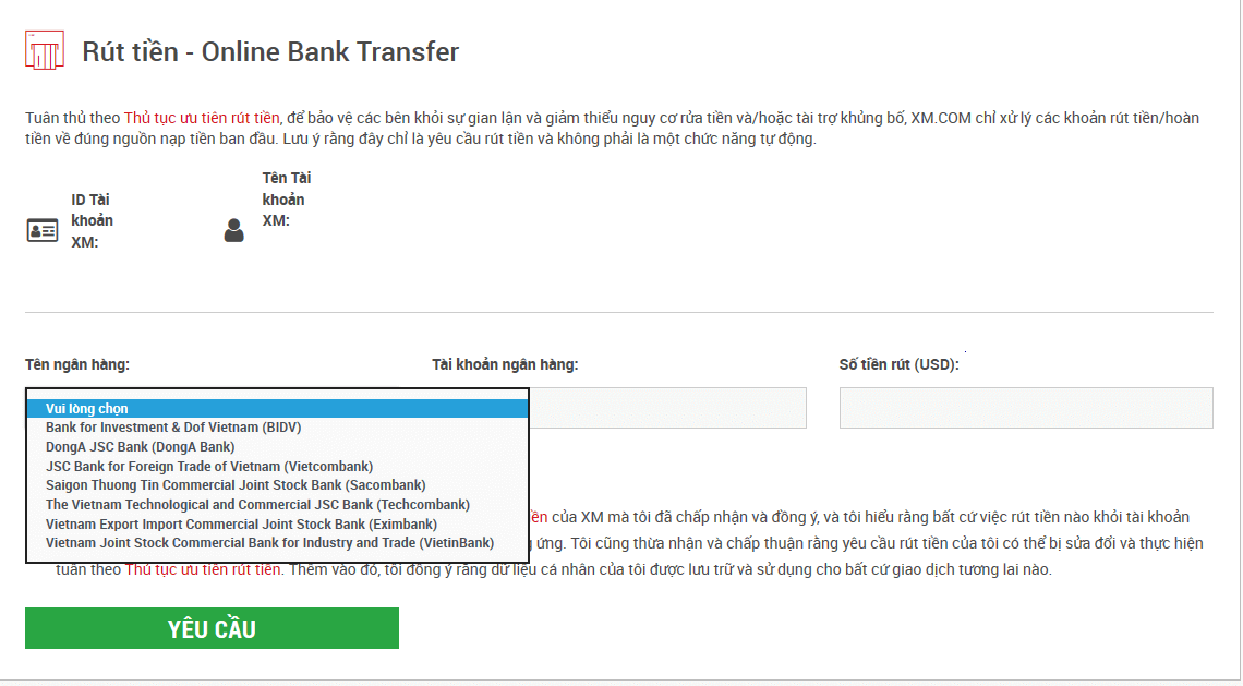 Rút tiền XM Việt Nam qua ngân hàng